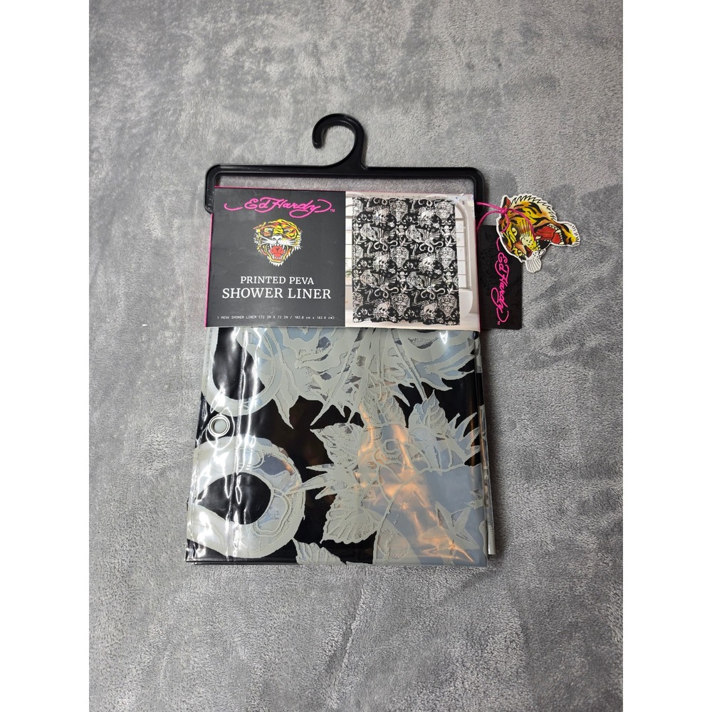 Ed Hardy Printed PEVA Shower Liner Black White Tiger Skull Tattoo Print 72x72